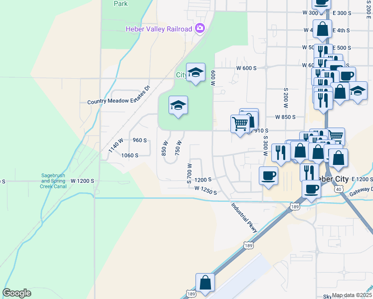 map of restaurants, bars, coffee shops, grocery stores, and more near 950 750 West in Heber City