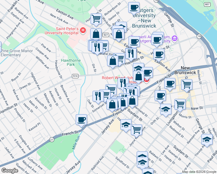 map of restaurants, bars, coffee shops, grocery stores, and more near 81 Louis Street in New Brunswick