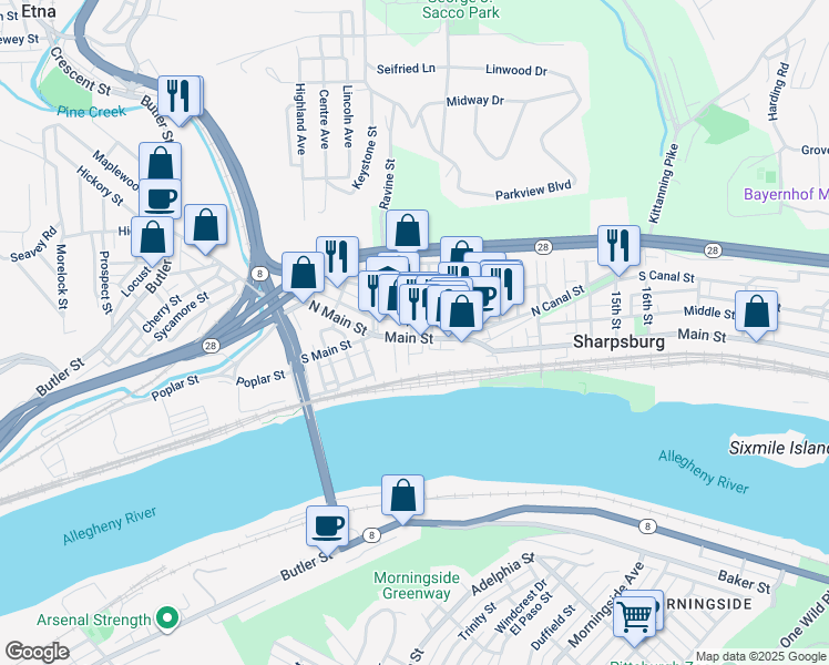 map of restaurants, bars, coffee shops, grocery stores, and more near 800 Main Street in Pittsburgh