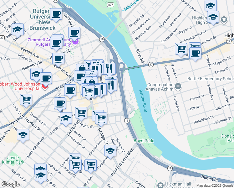 map of restaurants, bars, coffee shops, grocery stores, and more near 100 Hiram Square in New Brunswick