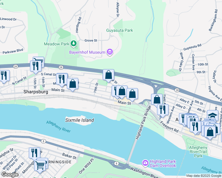 map of restaurants, bars, coffee shops, grocery stores, and more near 2017 Noble Street in Sharpsburg