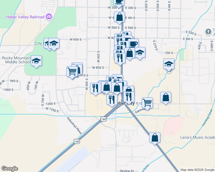 map of restaurants, bars, coffee shops, grocery stores, and more near 491 North 100 West in Heber City