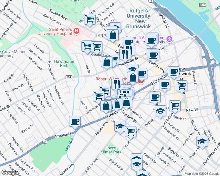 map of restaurants, bars, coffee shops, grocery stores, and more near 77 Harvey Street in New Brunswick