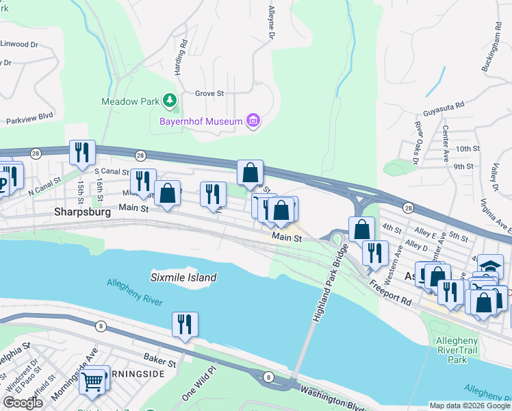 map of restaurants, bars, coffee shops, grocery stores, and more near 2017 Noble Street in Sharpsburg