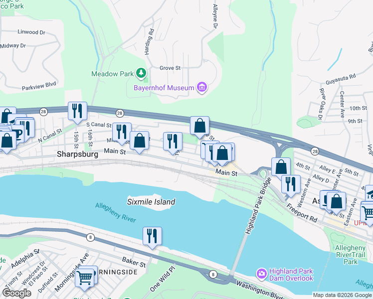 map of restaurants, bars, coffee shops, grocery stores, and more near 1950 Chapman Street in Pittsburgh