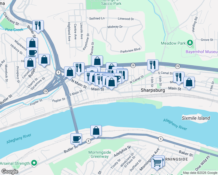 map of restaurants, bars, coffee shops, grocery stores, and more near 220 9th Street in Sharpsburg
