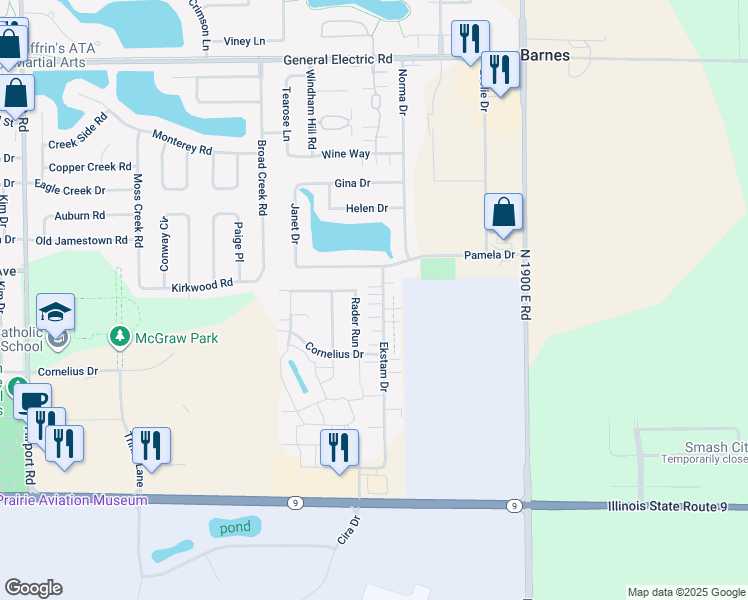 map of restaurants, bars, coffee shops, grocery stores, and more near 3621 Pamela Drive in Bloomington
