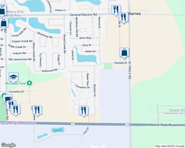 map of restaurants, bars, coffee shops, grocery stores, and more near 1116 Ekstam Drive in Bloomington