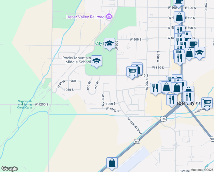 map of restaurants, bars, coffee shops, grocery stores, and more near 665 West 1010 South in Heber City