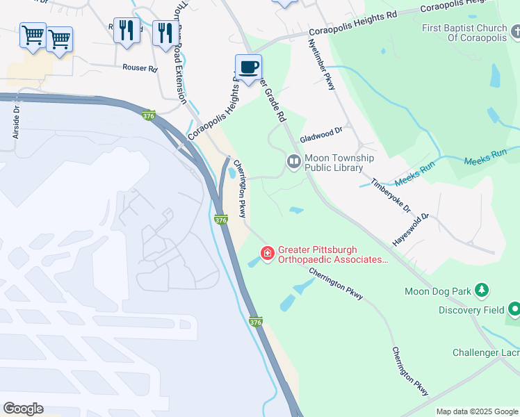 map of restaurants, bars, coffee shops, grocery stores, and more near 550 Cherrington Parkway in Coraopolis