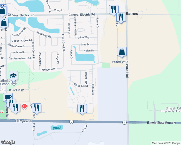 map of restaurants, bars, coffee shops, grocery stores, and more near 1116 Ekstam Drive in Bloomington