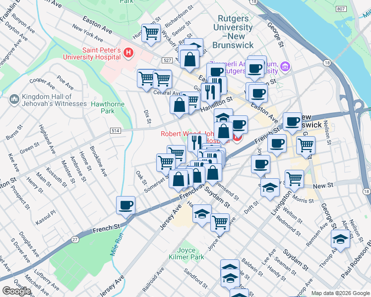 map of restaurants, bars, coffee shops, grocery stores, and more near 77 Harvey Street in New Brunswick