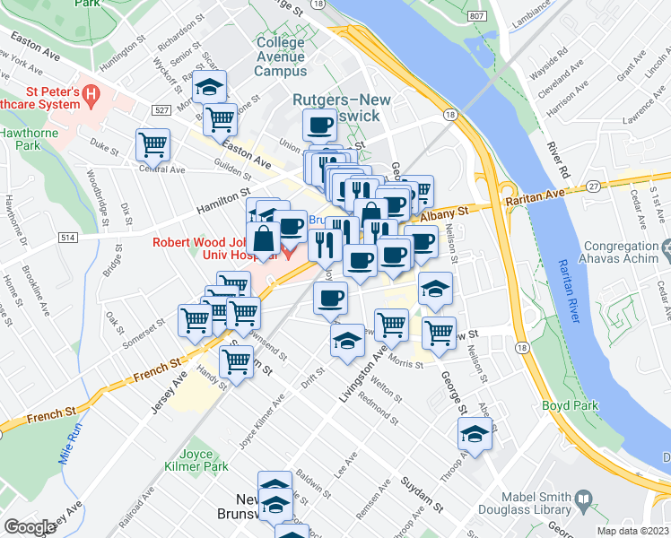 map of restaurants, bars, coffee shops, grocery stores, and more near 97 Paterson Street in New Brunswick
