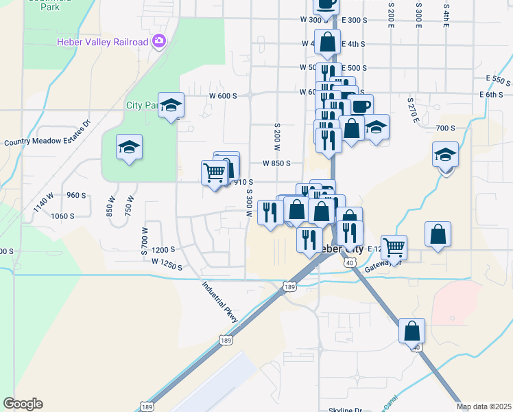 map of restaurants, bars, coffee shops, grocery stores, and more near 268 West 1000 South in Heber City