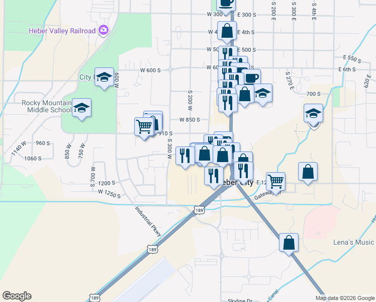 map of restaurants, bars, coffee shops, grocery stores, and more near 200 West 1000 South in Heber City