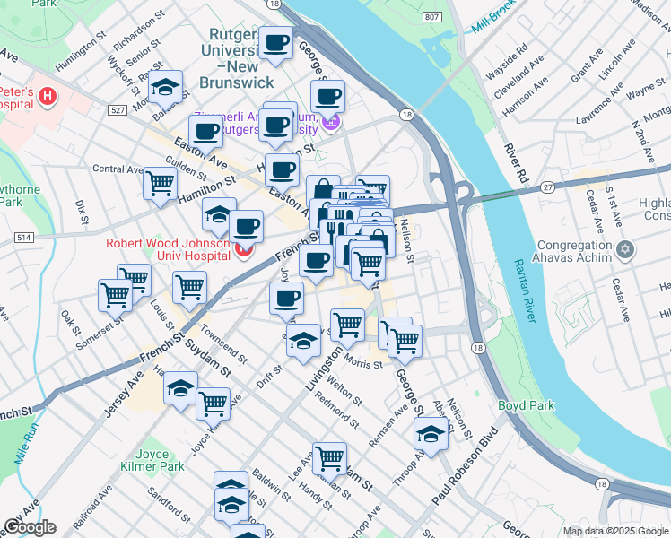map of restaurants, bars, coffee shops, grocery stores, and more near 1 Spring Street in New Brunswick