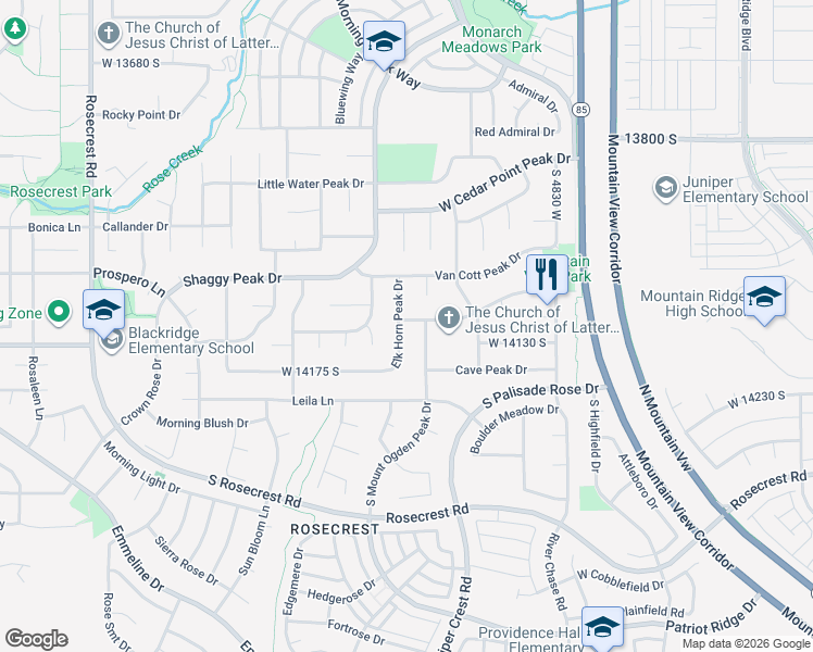 map of restaurants, bars, coffee shops, grocery stores, and more near 14080 Elk Horn Peak Drive in Riverton