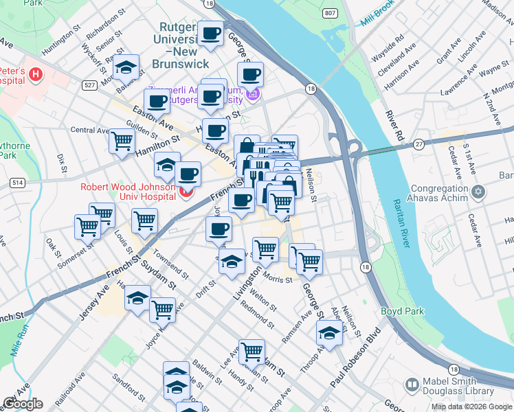 map of restaurants, bars, coffee shops, grocery stores, and more near 1 Spring Street in New Brunswick