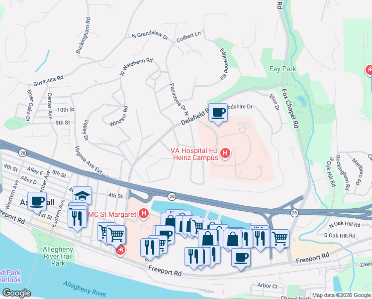 map of restaurants, bars, coffee shops, grocery stores, and more near 118 South Pasadena Drive in Pittsburgh
