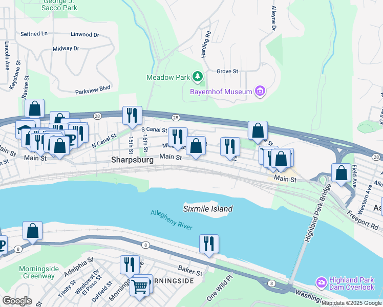 map of restaurants, bars, coffee shops, grocery stores, and more near 208 18th Street in Sharpsburg