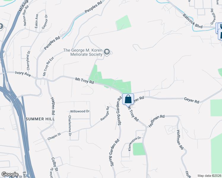 map of restaurants, bars, coffee shops, grocery stores, and more near 4000 Mount Troy Road in Pittsburgh