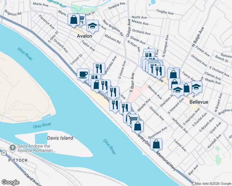 map of restaurants, bars, coffee shops, grocery stores, and more near 220 South Home Avenue in Pittsburgh