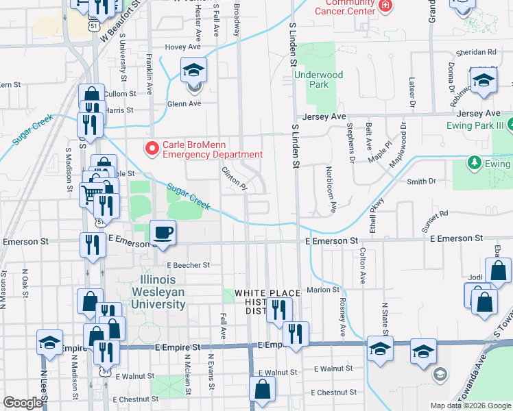 map of restaurants, bars, coffee shops, grocery stores, and more near 27 Broadway Place in Normal