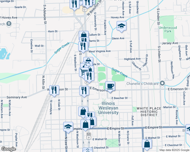 map of restaurants, bars, coffee shops, grocery stores, and more near 710 Division St in Normal