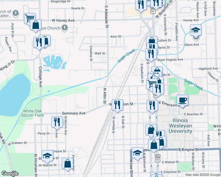 map of restaurants, bars, coffee shops, grocery stores, and more near 703 West Division Street in Bloomington