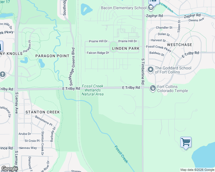 map of restaurants, bars, coffee shops, grocery stores, and more near 1790 East Trilby Road in Fort Collins
