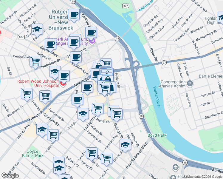 map of restaurants, bars, coffee shops, grocery stores, and more near 25 Bayard Street in New Brunswick