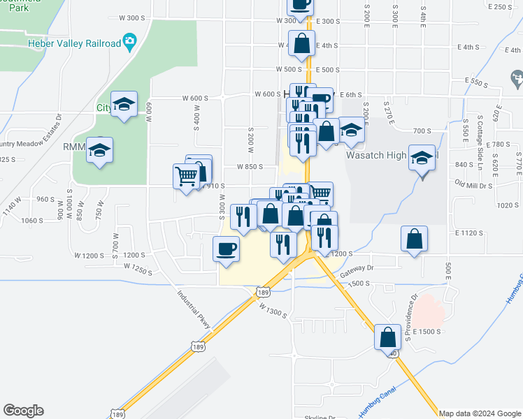 map of restaurants, bars, coffee shops, grocery stores, and more near 166 West 1000 South in Heber City