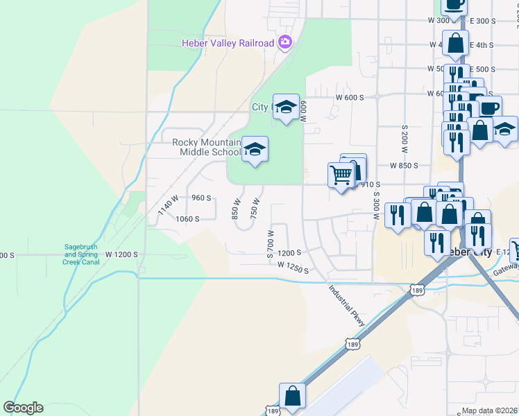 map of restaurants, bars, coffee shops, grocery stores, and more near 950 750 West in Heber City