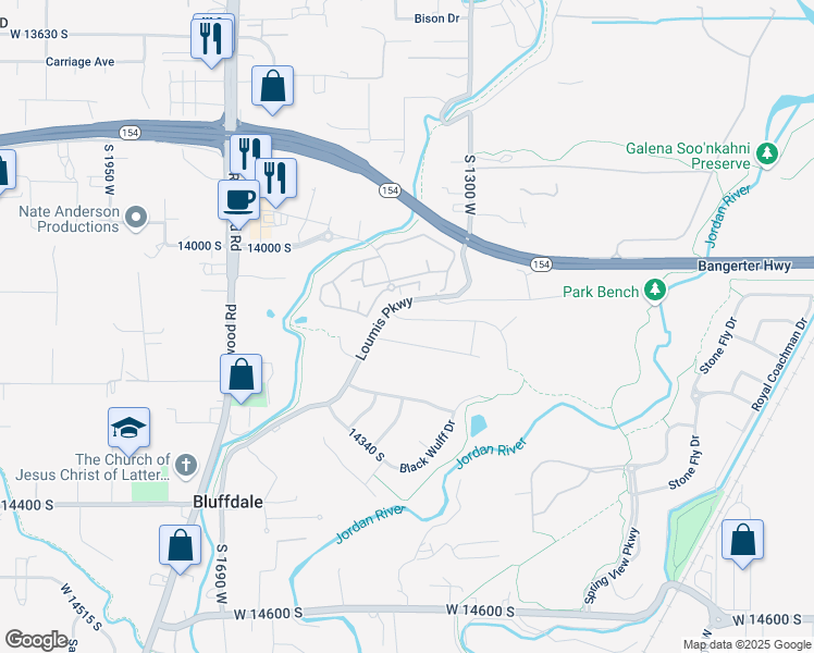 map of restaurants, bars, coffee shops, grocery stores, and more near 1411 Blue Quill Drive in Bluffdale