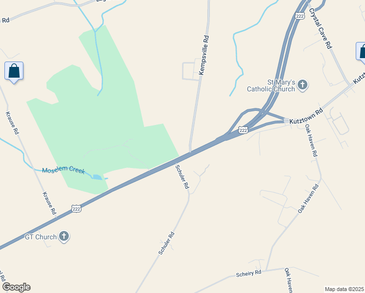 map of restaurants, bars, coffee shops, grocery stores, and more near 16 Kempsville Road in Kutztown