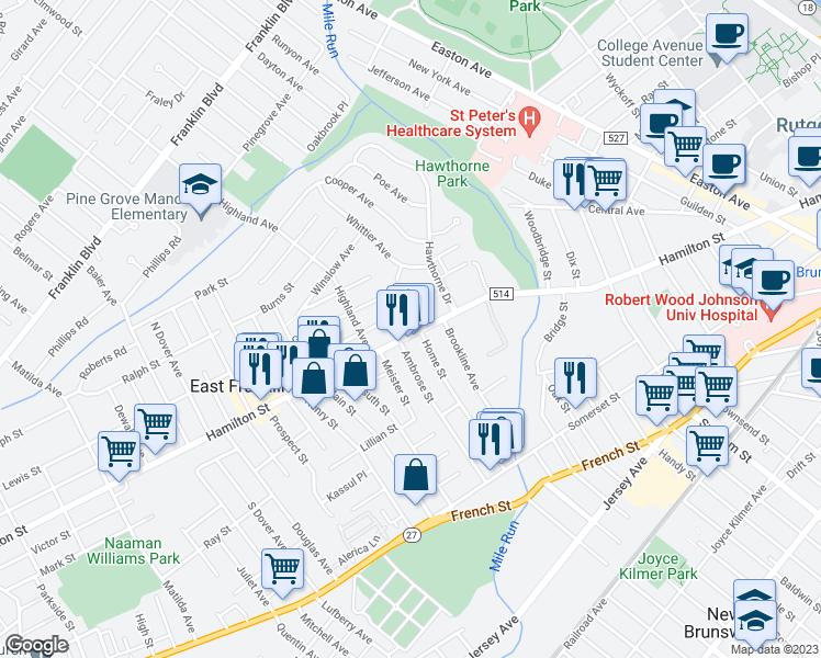 map of restaurants, bars, coffee shops, grocery stores, and more near 507 Hamilton Street in Franklin Township