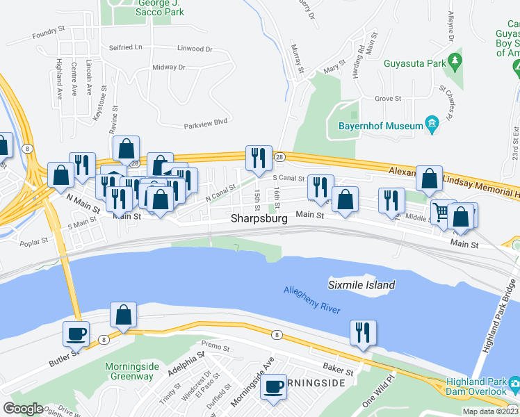 map of restaurants, bars, coffee shops, grocery stores, and more near 106 15th Street in Pittsburgh