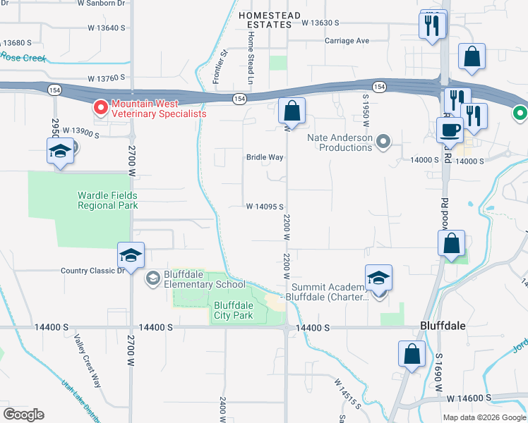 map of restaurants, bars, coffee shops, grocery stores, and more near 2232 Fawn Hollow Court in Riverton
