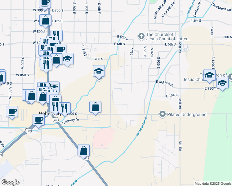 map of restaurants, bars, coffee shops, grocery stores, and more near 1035 500 East in Heber City