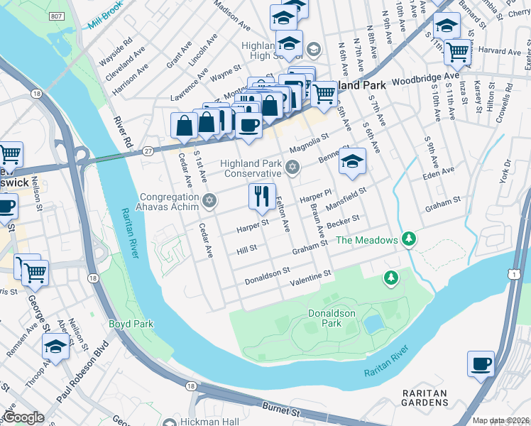 map of restaurants, bars, coffee shops, grocery stores, and more near 201 South 2nd Avenue in Highland Park