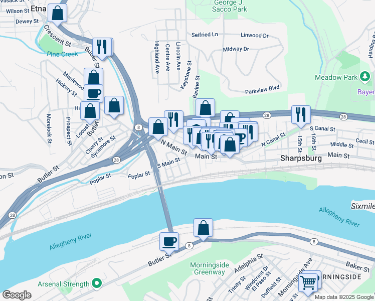 map of restaurants, bars, coffee shops, grocery stores, and more near 220 Clay Street in Pittsburgh