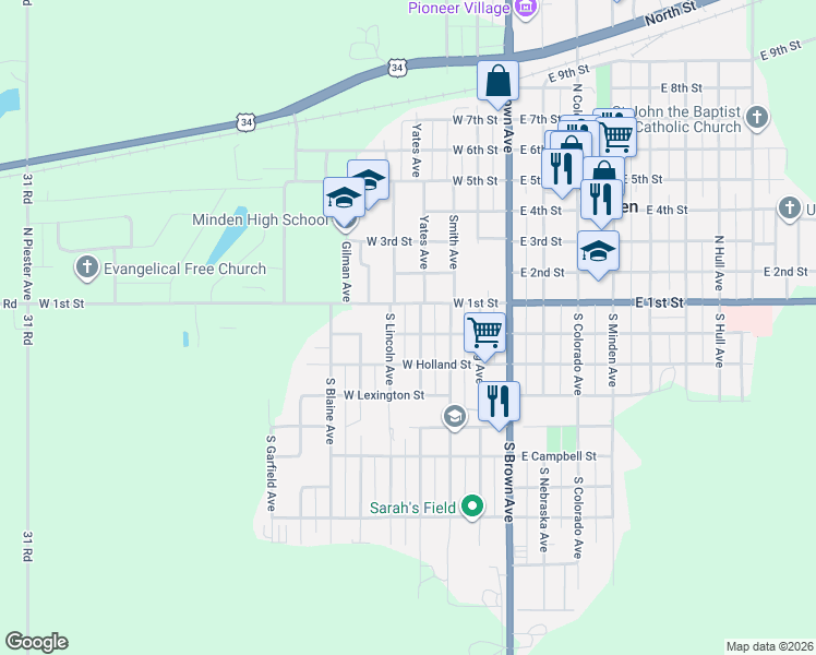 map of restaurants, bars, coffee shops, grocery stores, and more near 101-199 South Lincoln Avenue in Minden