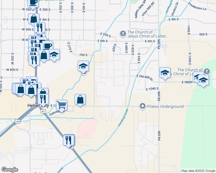 map of restaurants, bars, coffee shops, grocery stores, and more near 1043 500 East in Heber City