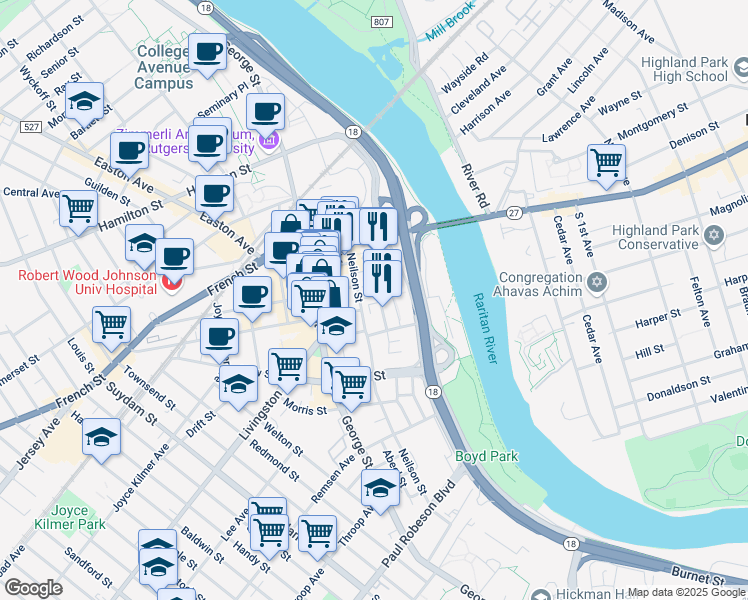 map of restaurants, bars, coffee shops, grocery stores, and more near 15 Hiram Square in New Brunswick