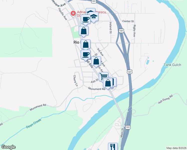 map of restaurants, bars, coffee shops, grocery stores, and more near 100-104 Cedar Street in Rio Dell