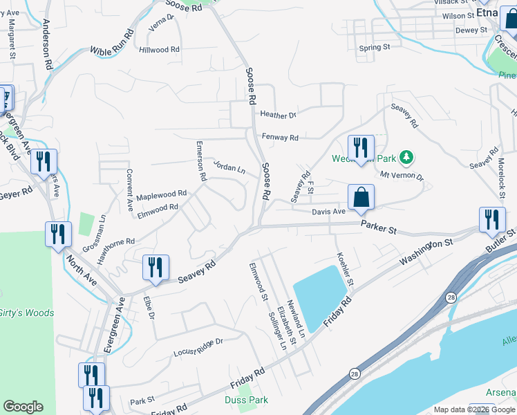 map of restaurants, bars, coffee shops, grocery stores, and more near 353 Hawthorne Road in Pittsburgh
