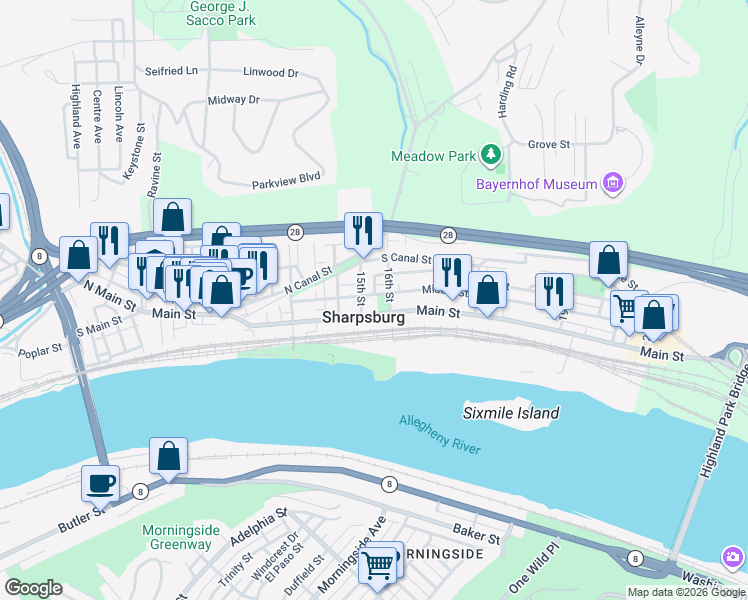 map of restaurants, bars, coffee shops, grocery stores, and more near 209 Mary Street in Sharpsburg