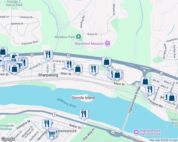 map of restaurants, bars, coffee shops, grocery stores, and more near 1863 Chapman Street in Pittsburgh