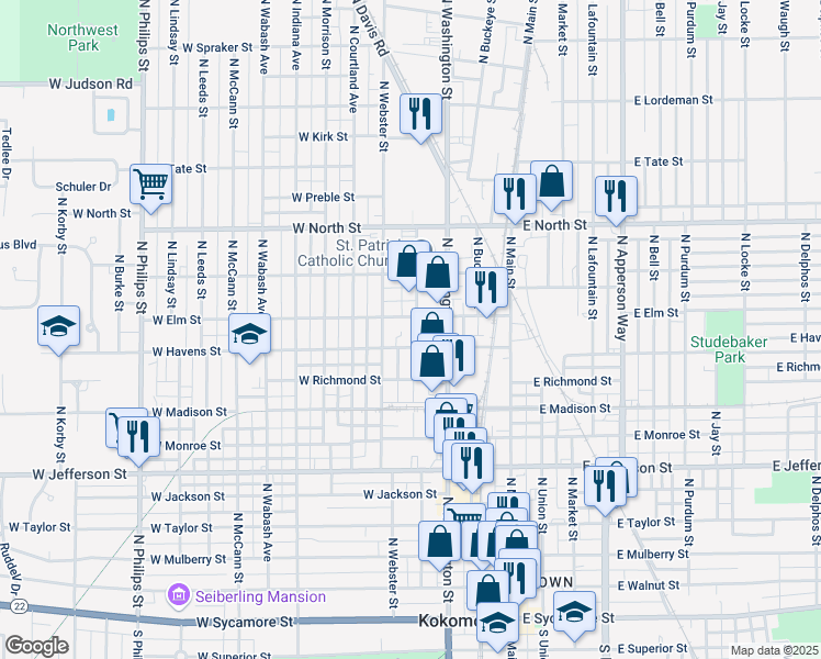 map of restaurants, bars, coffee shops, grocery stores, and more near 1013 North Armstrong Street in Kokomo