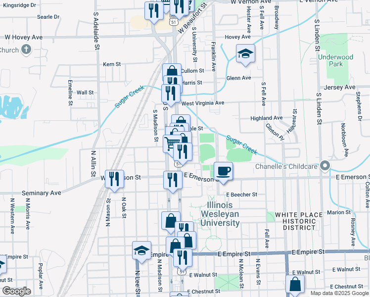 map of restaurants, bars, coffee shops, grocery stores, and more near 710 Division St in Normal